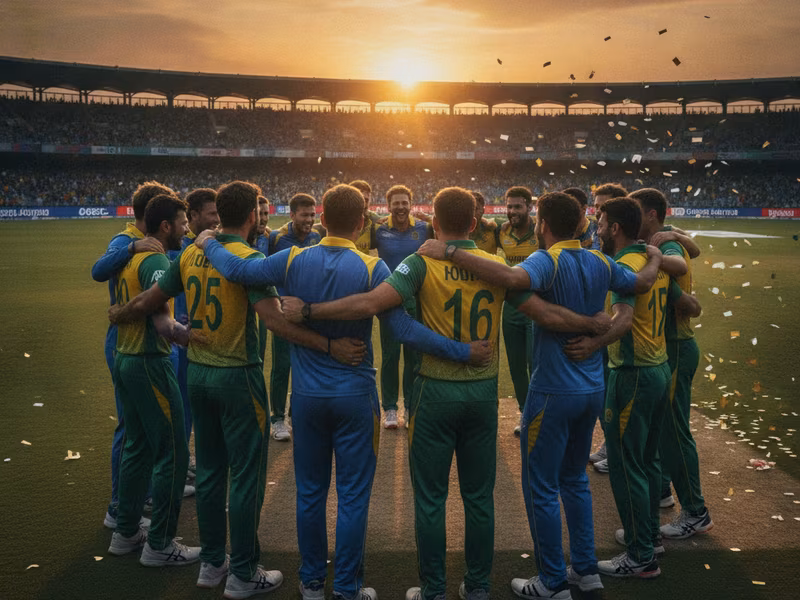 Cricket team celebrating together in a huddle on the field