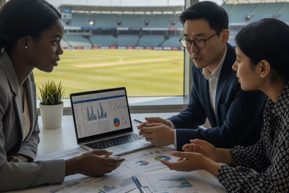 Sports analysts discussing cricket player statistics around a laptop in a bright office