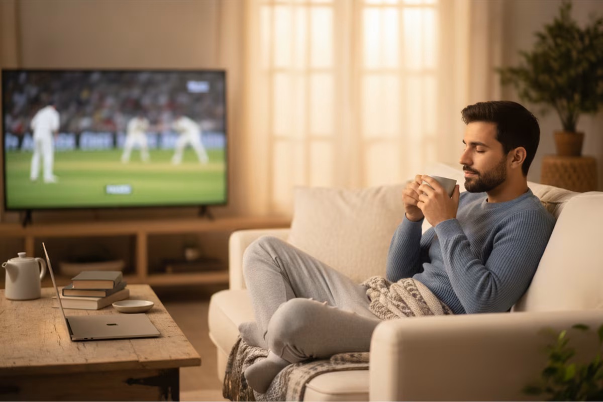 Man taking a relaxed break on a sofa with a cup of tea, cricket paused on TV